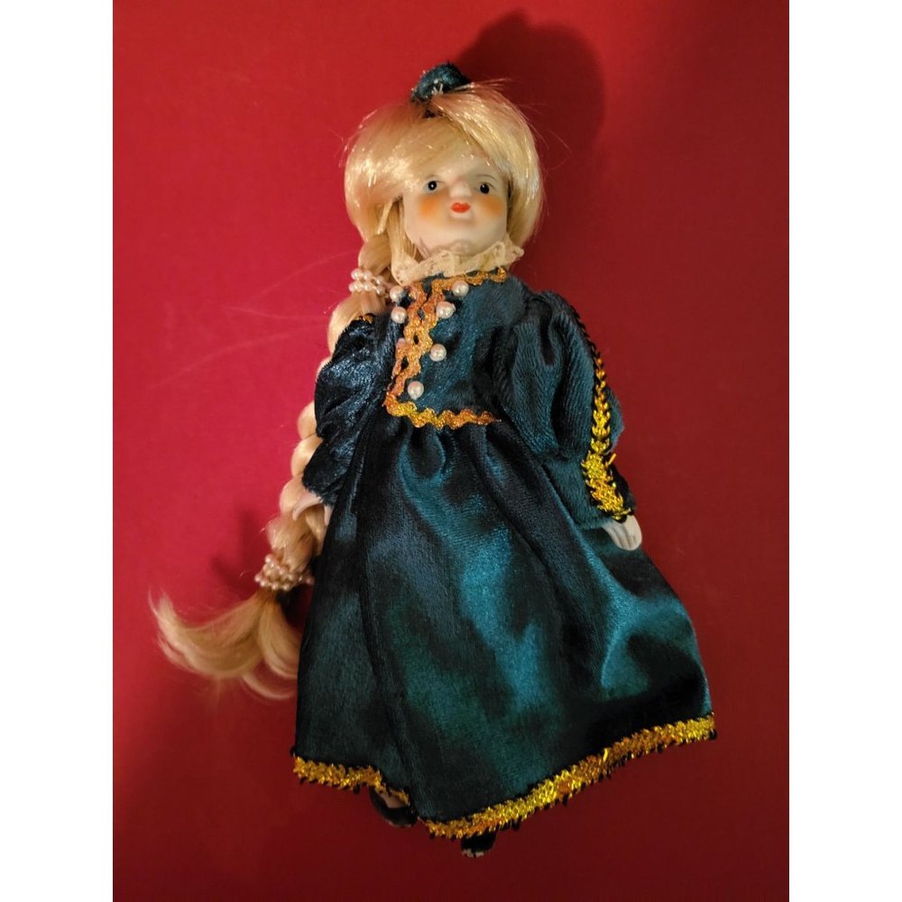 Vintage Porcelain Repunzel Doll in Forest Green Dress